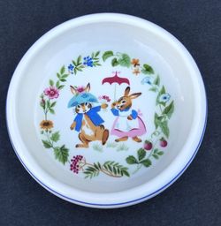 Vintage Stoneware Babys Bowl, Fancy Bunny Rabbit Couple w Umbrella, Rolled Lip, Floral Garden Motif, Cobalt Blue Stripe, 7" Perfect Baby Shower Gift 