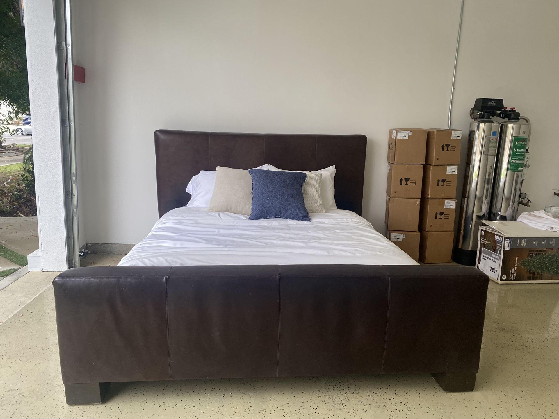 RH Restoration Hardware Modena Brown Leather King Platform Bed Frame Headboard Footboard Modern