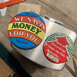 Vintage two guys PIN buttons rare department store Christmas we save money for y