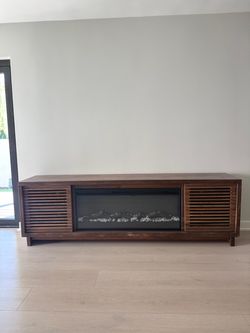 Mid-Century Style TV Stand with Electric Fireplace – Brown wooden