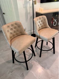 Barstools with Back, 26" H Seat Height, Set of 2, Leather Beige