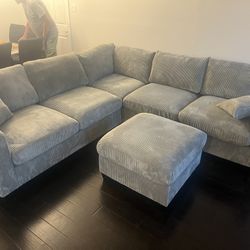 New Corduroy Sectional.  Grey.  99” X 99”.  Free Delivery!
