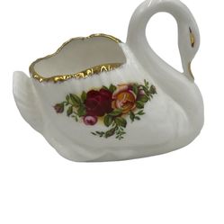 Vtg Royal Albert Bone China Old Country Roses Swan Planter Bud Vase Gold Trim