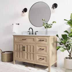 New l 48-in Clear Oak Undermount Single Sink Bathroom Vanity with White Engineered Stone Top (Fully Assembled)