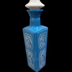 Jim Beam Vintage 1960s Blue & White Milk Glass Whiskey Decanter w/White Cork Lid