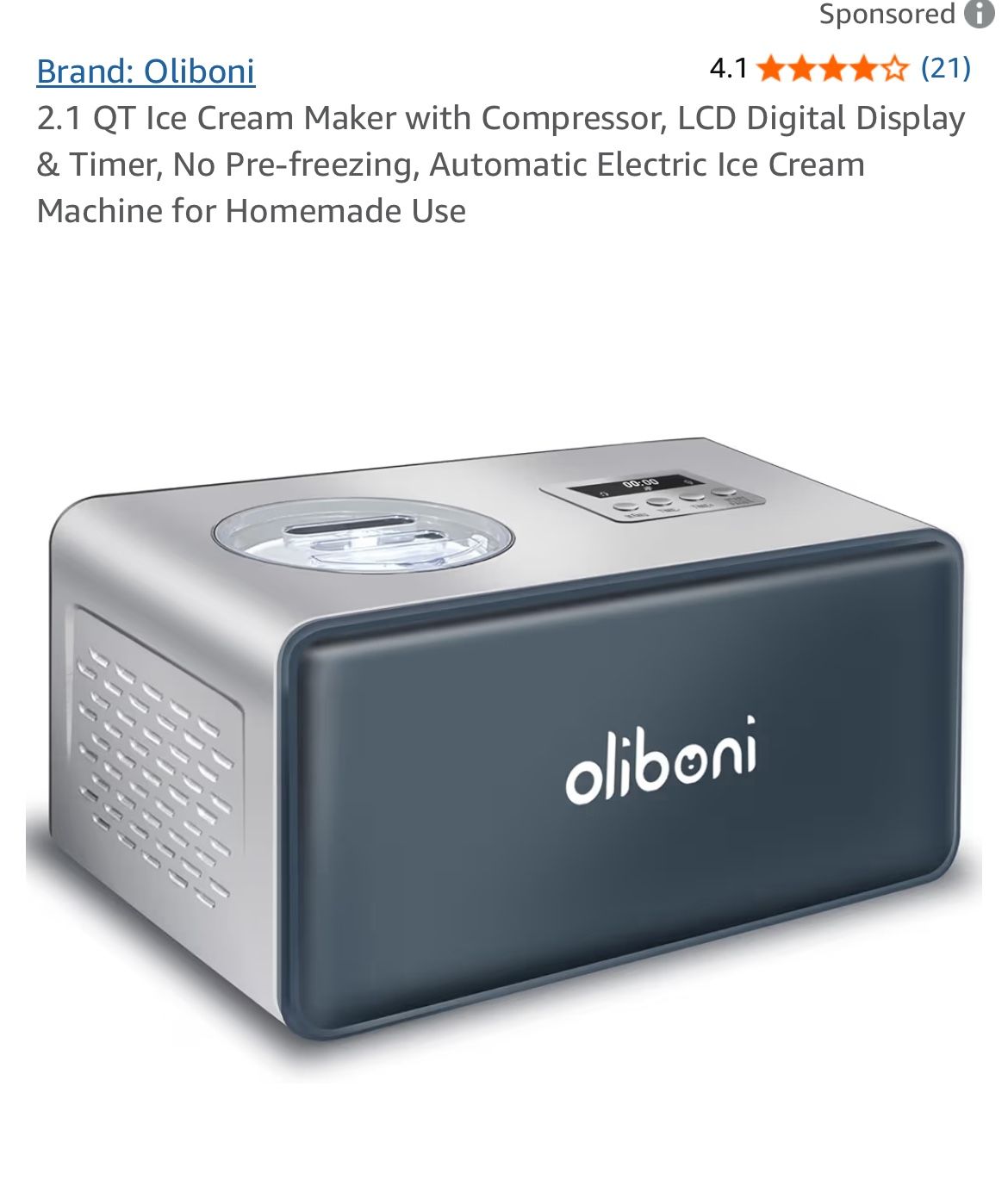 Oliboni 2.1 QT Ice Cream Maker with Compressor, LCD Digital Display & Timer, No Pre-freezing, Automatic Electric Ice Cream Machine for Homemade Use