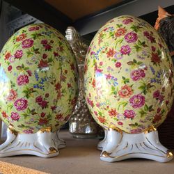 Pair of Floral Porcelain Decorative Eggs on Stands