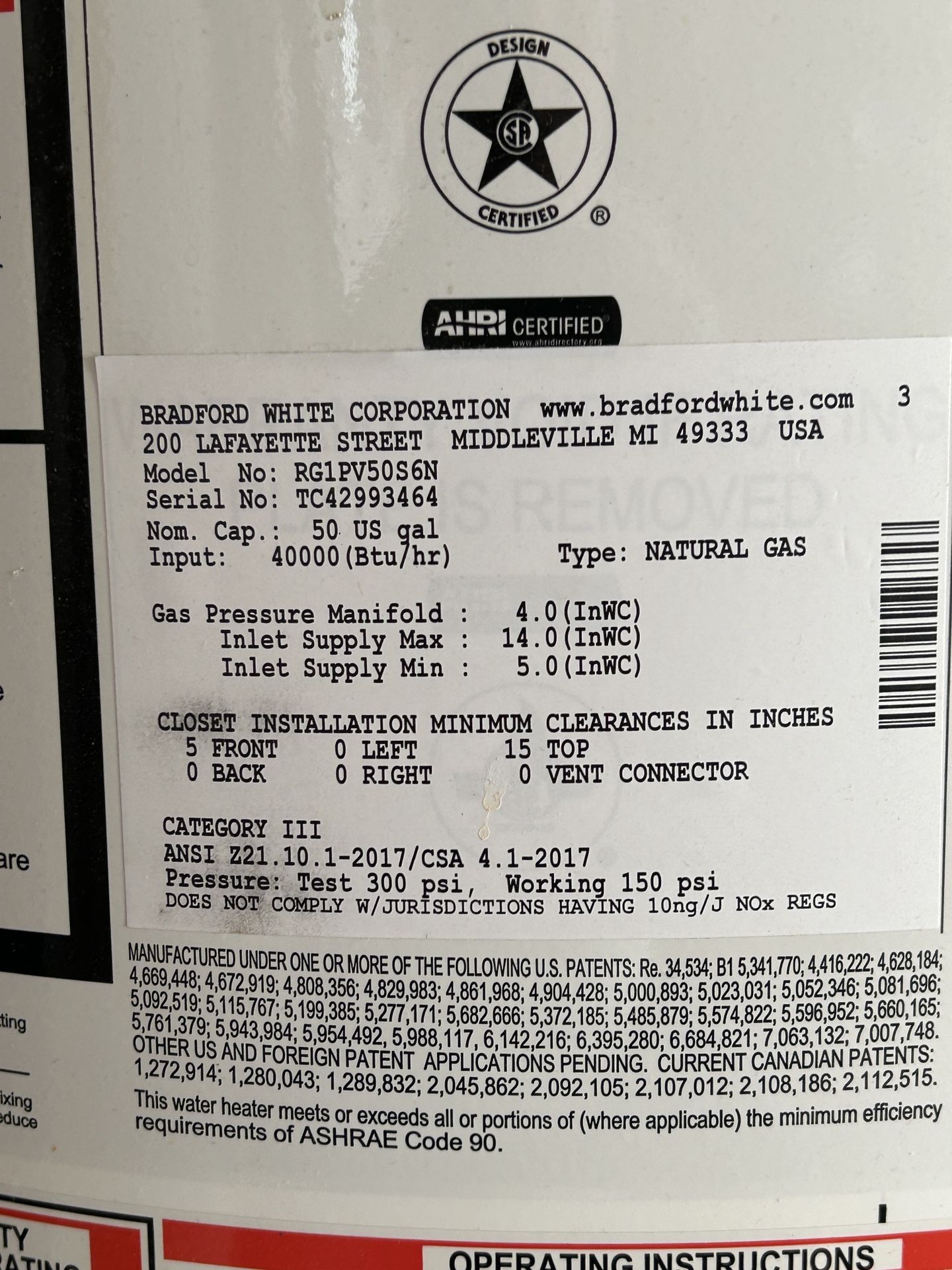 50 Gallon Bradford White Water Heater
