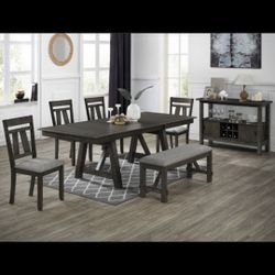 MARIBELLE Grey Brown Dining Table with bench and 4 chairs