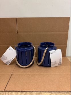 New 2-Pack of 6.75” Outdoor Patio Ceramic Blue Lanterns with Rope Handles