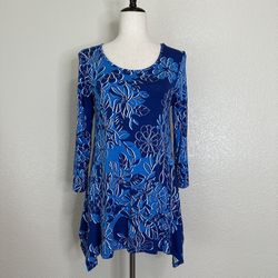Cable & Gauge Boho Blue Floral 3/4 Sleeves Tunic Top, Size S/P