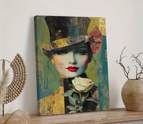 Elegant Woman with Floral Hat, Green & Red Patterned Wall Art 🌺Please Read Description