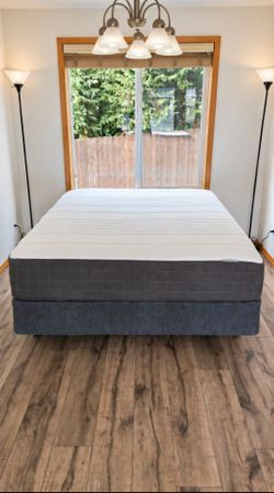 Like-New Queen Ikea Haugsvar Mattress, Boxspring and Metal Bed Frame