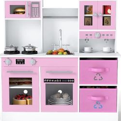 Kids Kitchen Play Set, Wooden Pretend Play Kitchen with Realistic Lights Sounds Coffee Maker Dishwasher Microwave Oven Foldable Fabric Drawers, Toddle