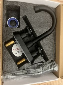 4 Inch Centerest Deck Mounted Bathroom Sink Faucet 2 Cross Handles Lavatory Vanity Mixer Tap RV with Water Hose and Pop Up Drain Matte Black