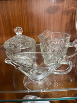 Princess House Clear Pressed Glass Sugar Bowl, Creamer, and Gravy Boat Set