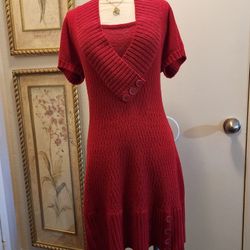 Extra Touch Red Short Sleeve Sweater Dress, V-neck Layered Look Button Accent 2X