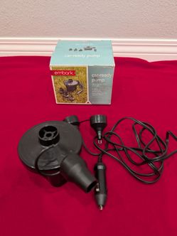Embark 12V Car-Ready air bed pump featuring multiple nozzles and a vehicle cigarette lighter adapter.