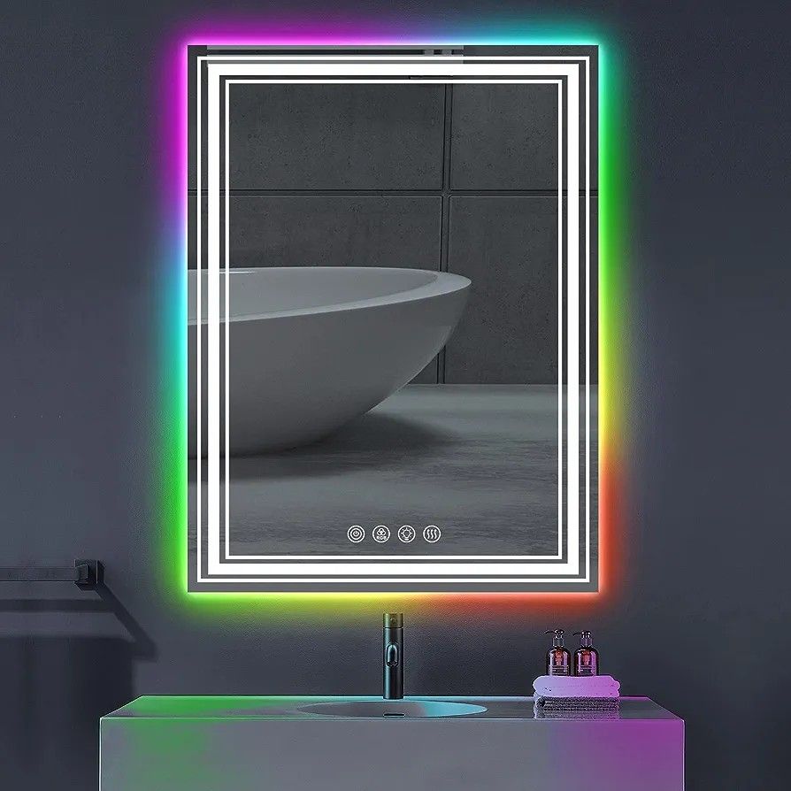 MOSILA 24X36 inch RGB LED Bathroom Mirror Color Changing Backlit + 3 Front Lighting Mirror Anti Fog Smart Touch Mirror (Horizontal/Vertical)