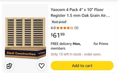 8066: New 4 Pack 4" x 10" Floor Register 1.5 mm Oak Grain Air Vent Covers Heavy Duty Steel Walkable Floor Vent Bulk with Adjustable Air Supply Lever G