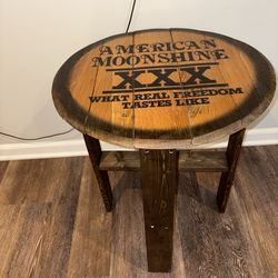 American Moonshine XXX “what real freedom taste like” bar table moonshine Tennessee whiskey barrel top man cave material very sturdy!