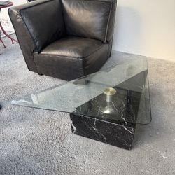 Vintage Post Modern Swivel Glass Top Black Marble Coffee Table 