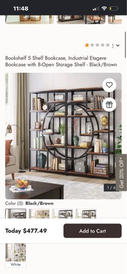 Bookshelf 5 Shelf Bookcase, Industrial Etagere Bookcase with 8-Open Storage Shelf - Black/Brown