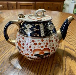 Antique Tea Pot Black Orange White Gold