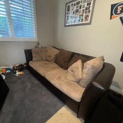 Brown & Tan Pull-Out Sleeper Sofa – Couch + Bed