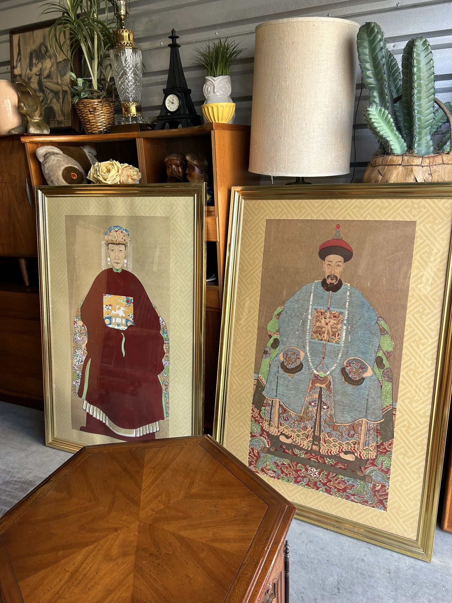 LARGE Pair of Framed Vintage Asian Art - 2 Piece Set