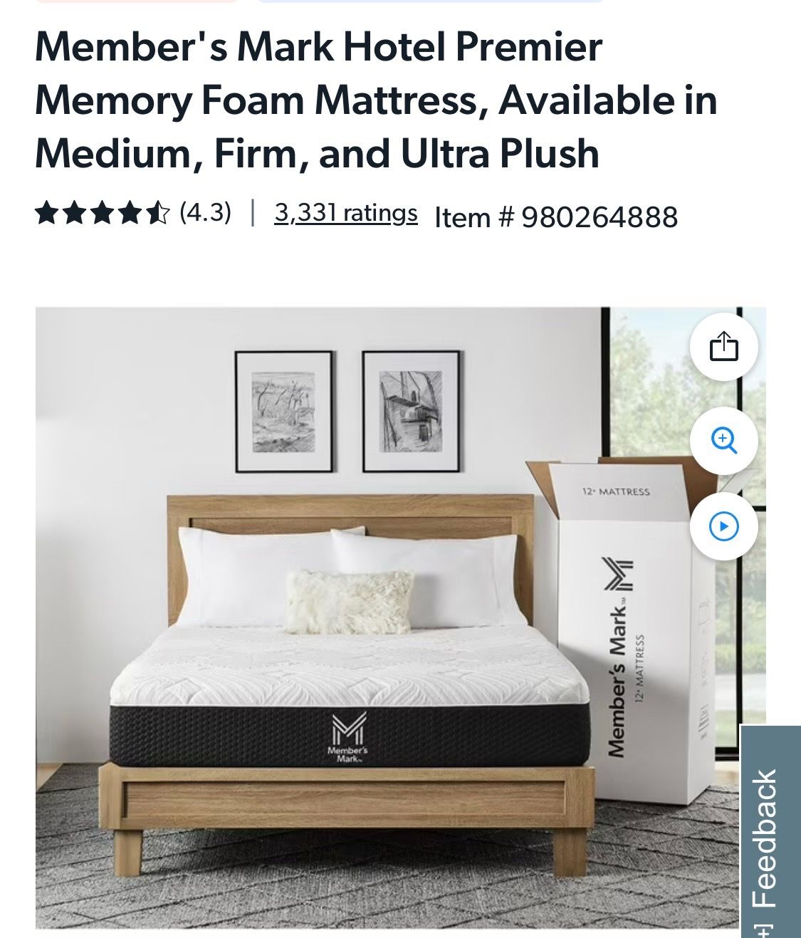 12 inch gel, memory foam mattress queen, size $249