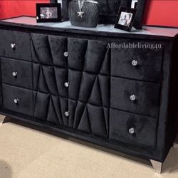 Black Velvet Dresser W/ Acrylic Crystal Knobs Brand New In Box 