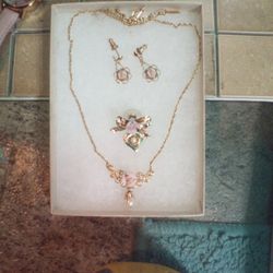 Vintage Pink Rose And Drop Pearl Necklace,Earrings, And Pin