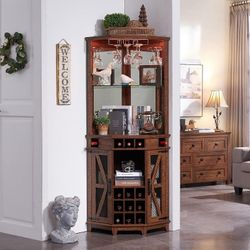 Corner Bar Storage Cabinet, 72" Tall Farmhouse Wine Bar w/Barn Door & Adjustable Shelf, Home Bar Cabinet w/LED Light & Glass Rack for Dining Room, Liv