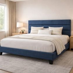 King Bed Platform Bed Frame with Fabric Upholstered Headboard and Wooden Slats Support, Fully Upholstered Mattress Foundation/No Box Spring Needed/Ea