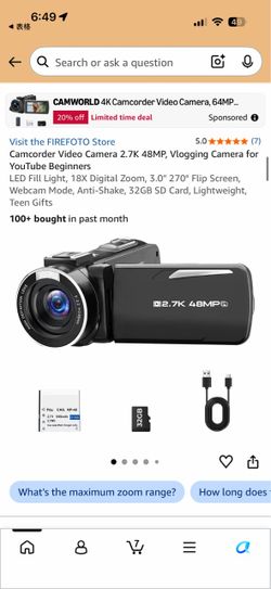2.7K 48MP Vlogging Camcorder Video Camera with 32GB SD Card