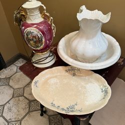 Vintage Lamp, Platter And Pitcher With Wash Basin.  