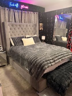 Z Gallery Gray Velvet Tufted Queen Bed Frame and Mattress with boxspring