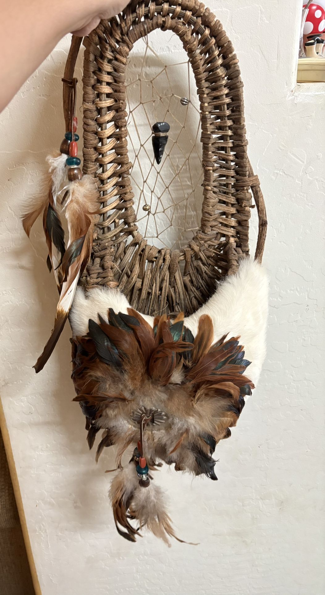 Handmade Native American Feather Fur Wooden Papoose Basket Wall Decor