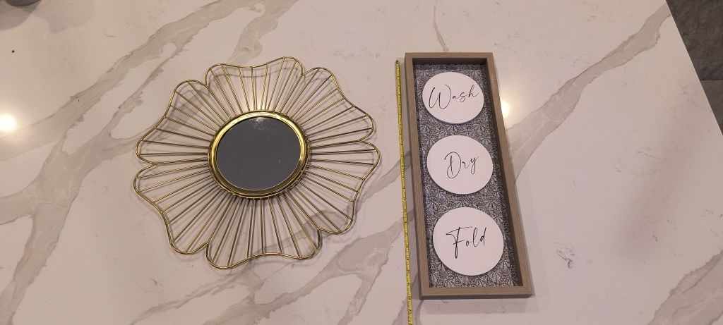 BRAND NEW 20" Diameter Gold Metal Flower Mirror & Laundry Wash Dry Fold Wall Decor 22" x 8" - Take Both For $10 Total