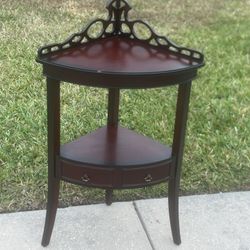 Vtg.  Bombay Corner Console Moon Front Fake Drawers  Accent Table Imperfections. Used in good condition with some minor cosmetic blemishes. These blem