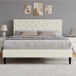 Full Size Bed Frame with Adjustable Headboard, Cream
Linen Fabric, Upholstered Platform Bed Frame, Button Tufted, Wooden Slat Support, No Box Spring N