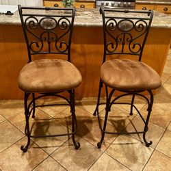 2 Swivel Bar Stools – Metal Scroll Design w/ Suede Seats