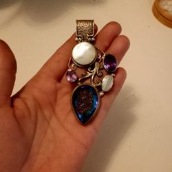 This Silver Pendant Is Crafted Of Fine Silver With Bezeled Stones ( Blue/Purple Drusy Pear -an Inch Long And 3/4" Across, Paired