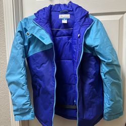 Columbia Girl's snow Jacket Blue Crash Course Colorblock Hooded Full Zip size L 12-14 waterproof