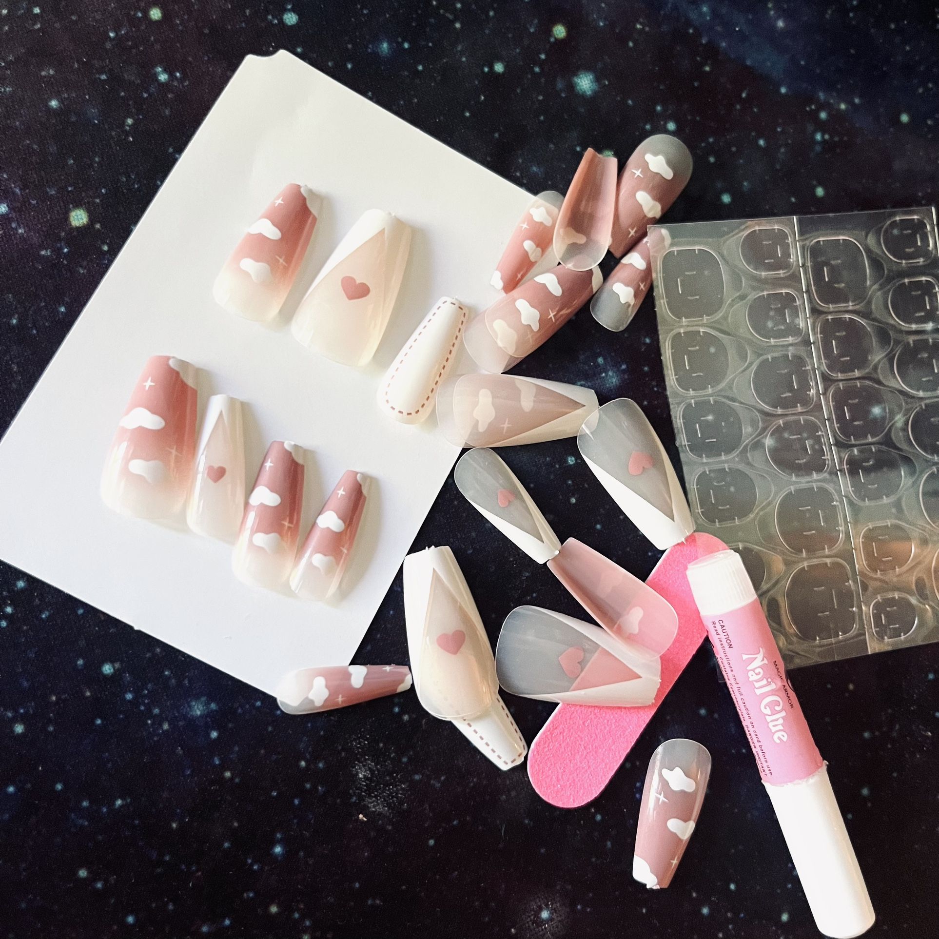 New 24pc Long Pink Hearts Clouds Press On Nails