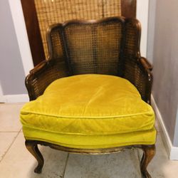 Retro Vintage Mid-Century Barrel Back Velvet & Wood Chair Cane