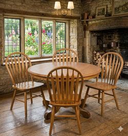 Set of 4 Vintage Wood Chairs 2 to 10 available Windsor Oak Style Farmhouse Cottage Cabin Classic + Tables 4 for $115