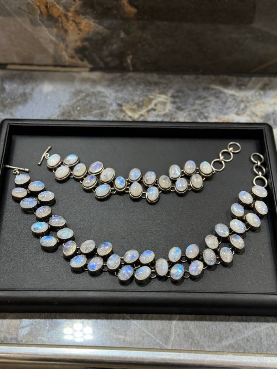 GRAND RAINBOW MOONSTONE IN STERLING SILVER LOOSE Necklace and BRACELET Set