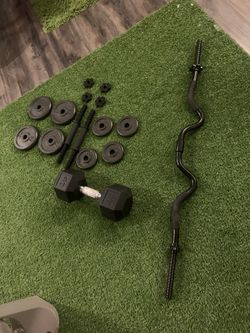 GYM LOT: (1) super curl bar, (1) 40 lb dumbbell, (2) 20 lbs adjustable dumbbells NEW WORKOUT GYM EQUIPMENT